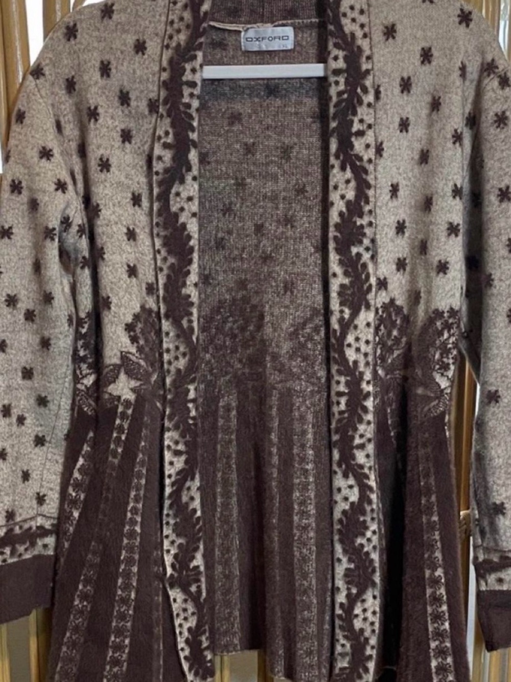 Vintage Oxford Brown and Cream Patterned Open Front Cardigan Small